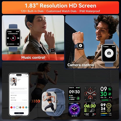 Smart Watch with Alexa Built-in, 1.83" HD Touchscreen Fitness Tracker, Bluetooth Notifications/Calls, IP68 Waterproof, 120+ Sport Modes, 24/7 Heart Rate & Sleep Monitor for iPhone Android iOS (Blue)