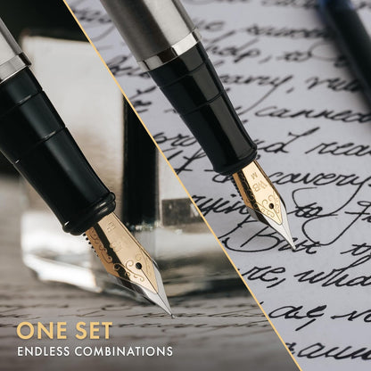 Wordsworth & Black Fountain Pen Set,18K Gilded Medium and Extra Fine Nib,25ML Black Ink Bottle,6 Ink Cartridges,Refill Converter,Gift Box,Smooth Writing Pen [Silver Chrome],Gift Set for Men and Women