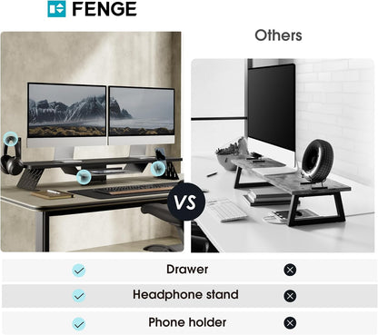 Fenge Dual Monitor Stand, 42.5 Inch Monitor Riser for Desk, Wood Desk Shelf for 2 Monitors, 2 Tier Monitor Shelf with Headphone Stand & Phone Holder