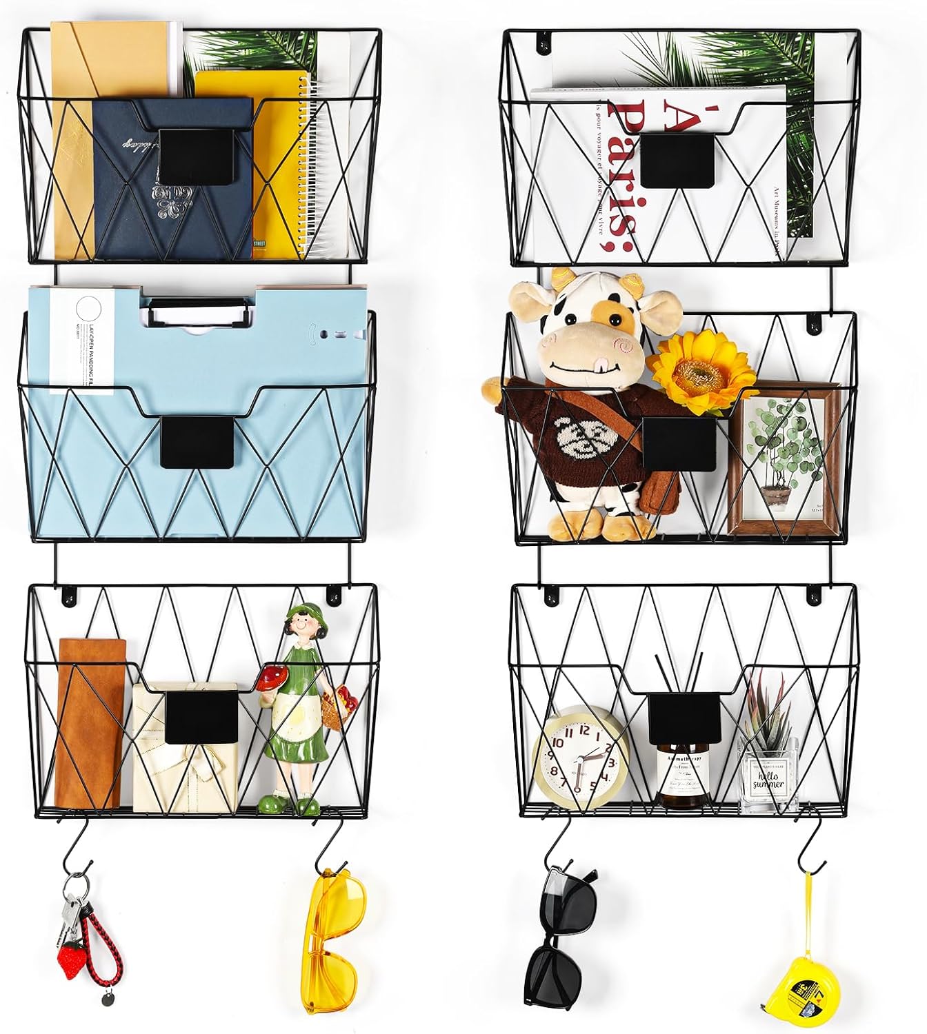 Hanging File Holder Wall File Organizer Holder, 6 Pockets Wall Mount Vertical Magazine Rack with Hooks for Office Home, Black