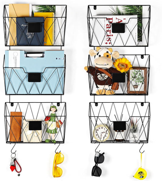 Hanging File Holder Wall File Organizer Holder, 6 Pockets Wall Mount Vertical Magazine Rack with Hooks for Office Home, Black