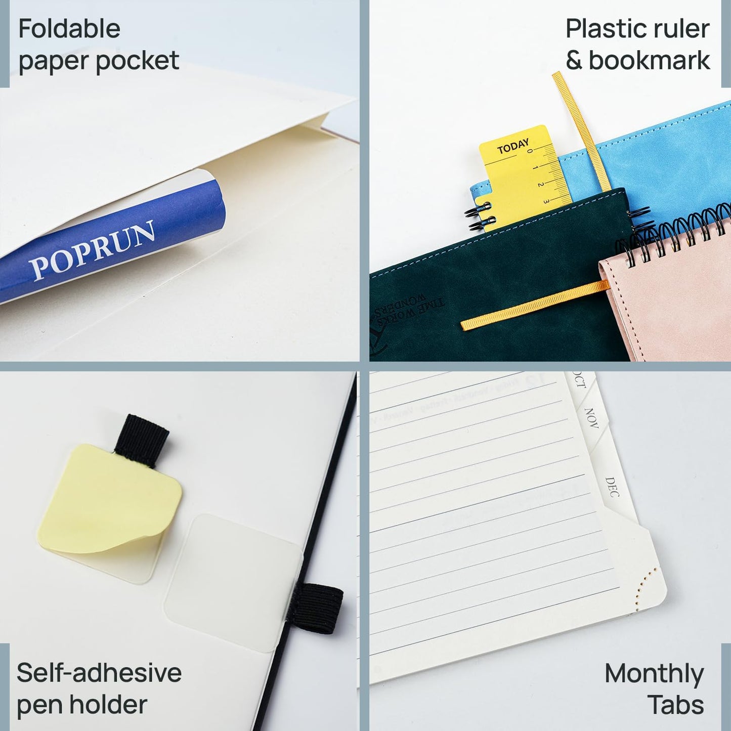 POPRUN 2026 Planner Weekly Notebook Calendar (Jan-Dec), Large Size 8.5'' x 10.5'' - Agenda 2026 Appointment Book with Monthly Tabs, Inner Pocket, Spiral Soft Cover, 100 GSM - Brown