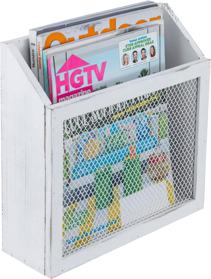 MyGift Rustic Magazine Holder Vintage White Wood and Chicken Wire Design Wall Mounted/Tabletop Mail Sorter, Farmhouse Home, Bathroom, Office Magazine Rack