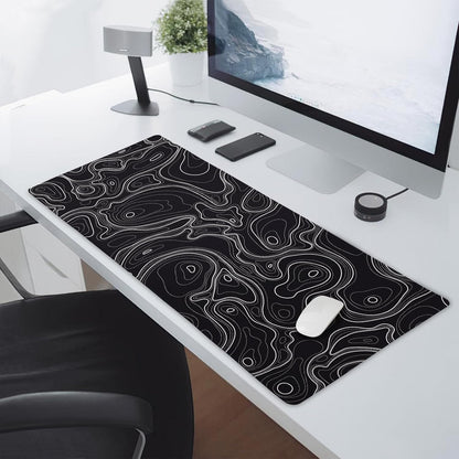 Topographic Map Black Gaming Mouse Pad XXL Minimalist Topo Geographic White Lines Extended Large Mousepad Desk Pad Non-Slip Rubber Base Stitched Edge Keyboard Pad Playmat for Computer,35.4×15.7 in