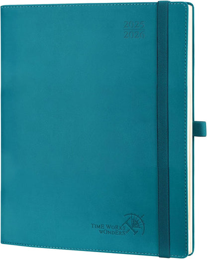 POPRUN Planner 2025-2026 (Large - 8.5'' x 10.5'') Academic Weekly Calendar (July 2025 - June 2026) with Hourly Time Slots, Monthly Tabs, 100GSM Thick Papers, Leather Soft Cover - Pacific Green