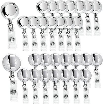 30 Pack Badge Holders, Silver Retractable Badge Reels, Durable Metal Spring Clip (Silver) - 24 Inch Retractable Cord Lanyard