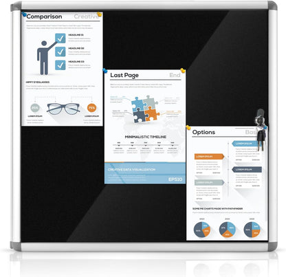 Enclosed Bulletin Board Lockable Display Case Message Board with Locking Door for Indoor, Black Felt, Silver Aluminum Frame, 28x26 inch (6xA4)