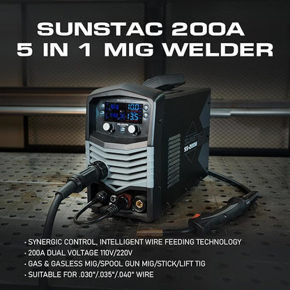 MIG Welder, 200A 110V/220V MIG/Flux Core/Spool Gun/Lift TIG/Stick 5 in 1 Aluminum MIG Welding Machine, IGBT Inverter Synergic Control, Digital Screen Display, Over Loading Protection