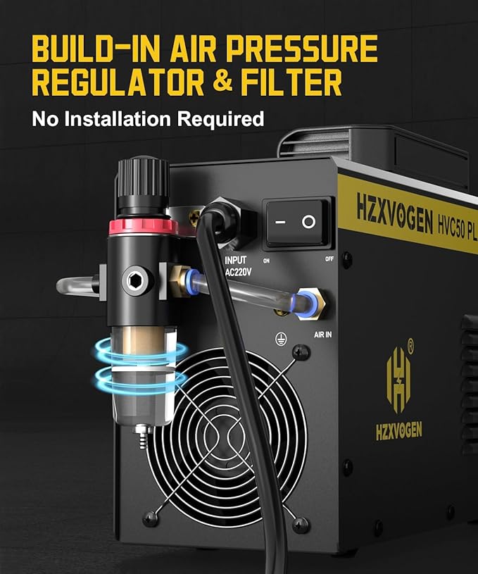 H HZXVOGEN Plasma Cutter, 50A Portable Plasma Cutter with Post Flow, 110/220V Dual Voltage Digital Display DC IGBT Inverter HF Air Plasma Cutting Machine, 1/3 inch Clean Cut for Beginners DIY(HVC50)