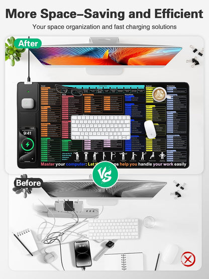 Mouse Pad with Excel Shortcut Keys, Desk Pad with Wireless Charger & Phone Stand, XXL Large Cheat Sheet Mousepad | PC Office Spreadsheet Keyboard Mat | Non-Slip Stitched Edge for Home Office Work