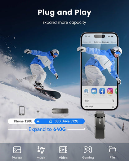 RAOYI 512GB USB C External SSD, 2-in-1 Solid State Drive Up to 450MB/s Dual USB 3.2 + Type-C Thumb Drive Portable SSD Drive for iPhone 15/16, Android, Tablet, PC and PS4