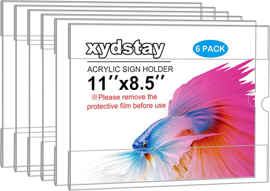 6pack Acrylic Wall Sign Holder with Tape,8.5 X 11 Wall Mount Clear Plastic Sign Holder, Horizontal Memo Document Menu Holder for Restaurant, Office, School, Store and Home Use,No Drilling