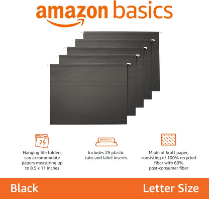 Amazon Basics Hanging File Folders, Letter Size, 8.5x11 inches, Black, 25-Pack