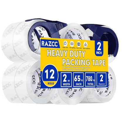 Clear Packing Tape, 12 Rolls Heavy Duty Packaging Tape with Dispensers for Packing Shipping Moving and Sealing, Thicker Packing Tape-2" x 65 Yards Per Roll, 780 Total Yards