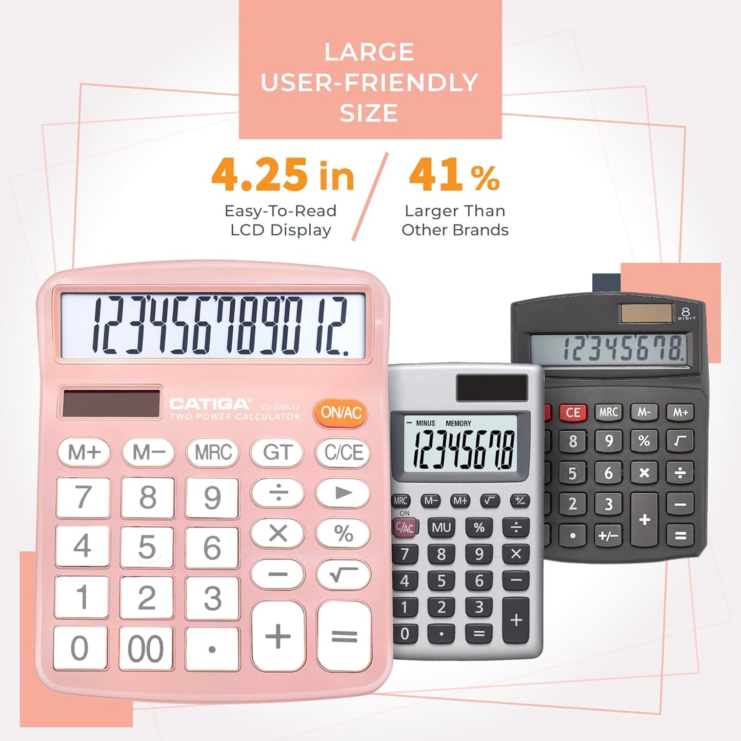 CATIGA 12 Digits Desktop Calculator with Large LCD Display and Sensitive Button, Dual Solar Power and Battery, Standard Function for Office, Home, School, CD-2786(Light Pink)