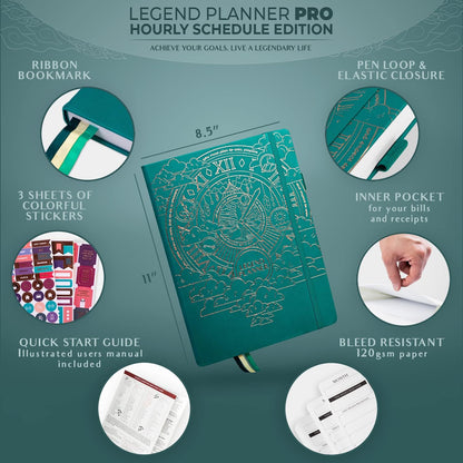 Legend Planner PRO Hourly Schedule - Weekly & Daily Organizer with Time Slots. Appointment Book Journal for Work & Personal, A4 (Viridian Green)