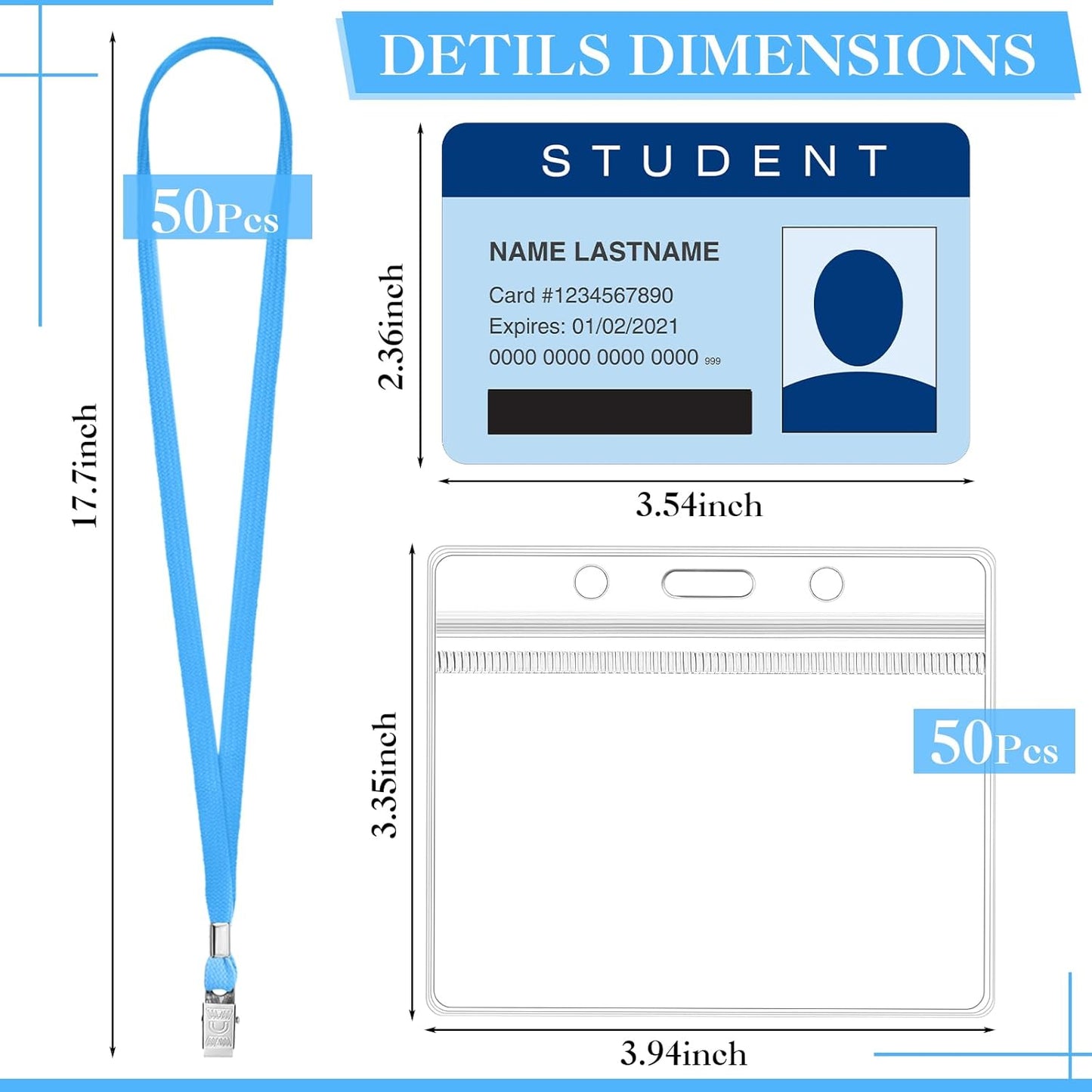 Marspark 50 Sets Clear Name Tags with Lanyard, Lanyards for ID Badges Reusable Strap with ID Holder Plastic Name Badges for Adults Business School Church Conference (Lake Blue)