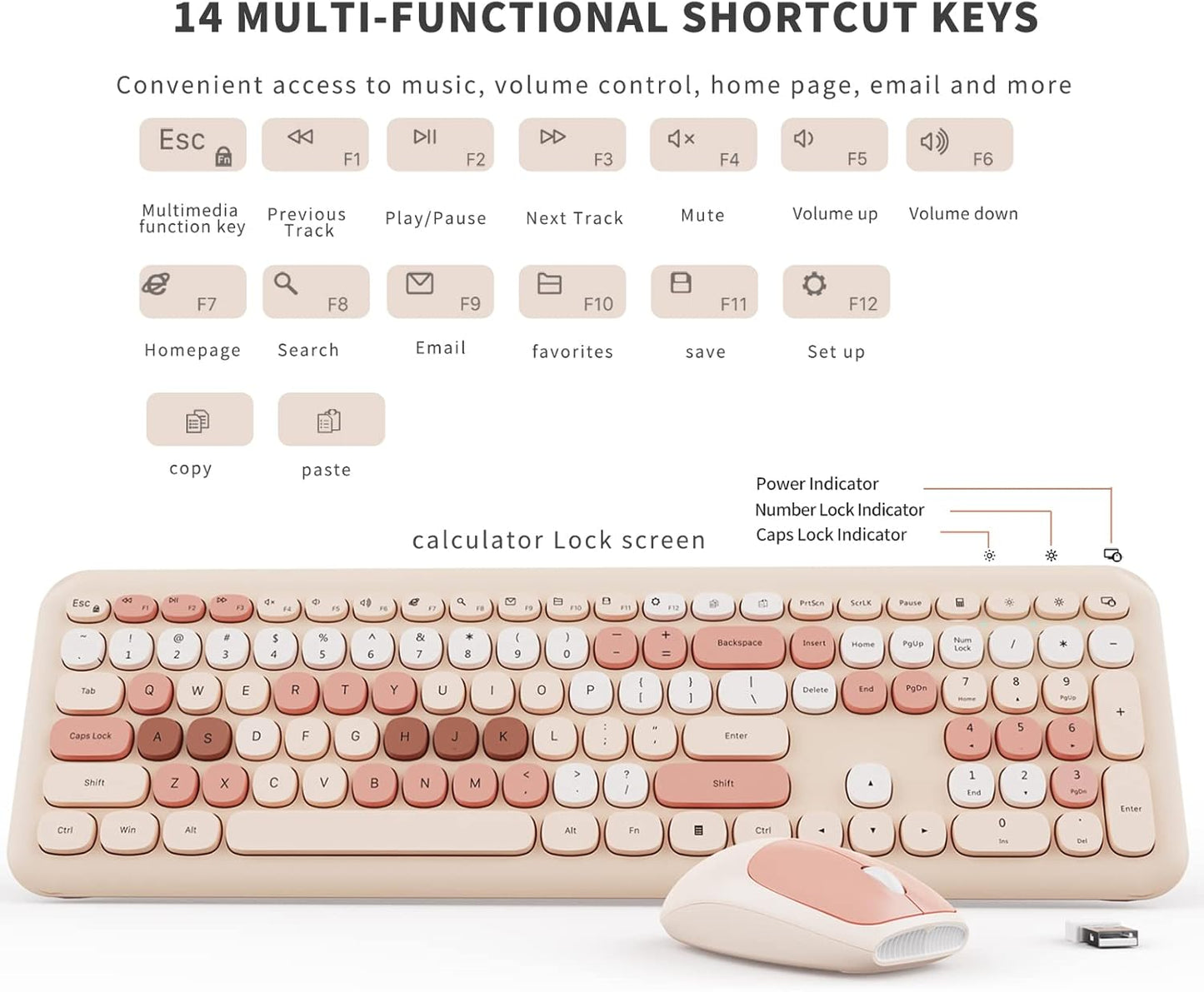 Wireless Keyboard and Mouse Combo, Colorful Ergonomic Full Size Retro Low-Noise Keyboard with Cute keycaps, Compatible with Windows, PC, Perfer for Home and Office Keyboards (Brown)