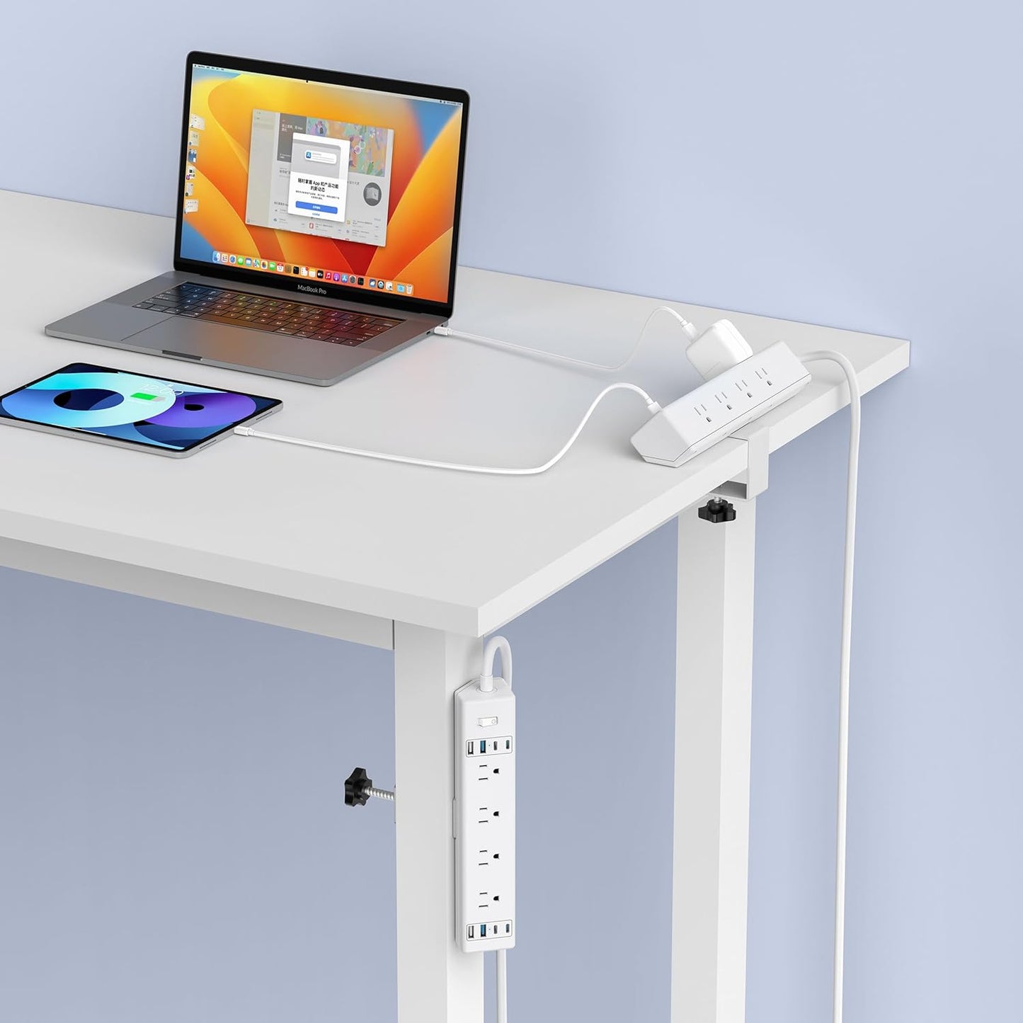 40W Fast Charging Station,Desk Clamp Power Strip 20W USB C,8 Outlets,8 USB Ports,4 USB C and 4 USB A, Office Furniture Surge Protector, 14AWG Cord, Fits 1.9" Tabletop Edge (White, 10FT Length)