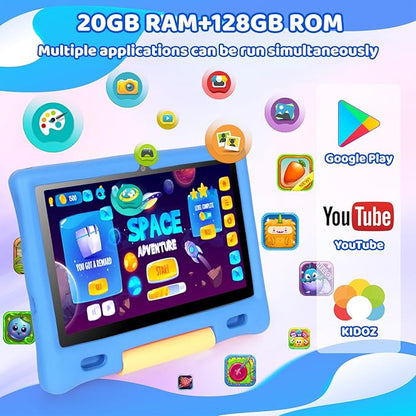 Gleeso Kids Tablet, Android 15 Tablet for Kids 10 inch Octa-Core with Case, 128GB 1TB TF Card Expandable for Toddler Children, Parental Control, Dual Camera, WiFi,Gift（Blue）