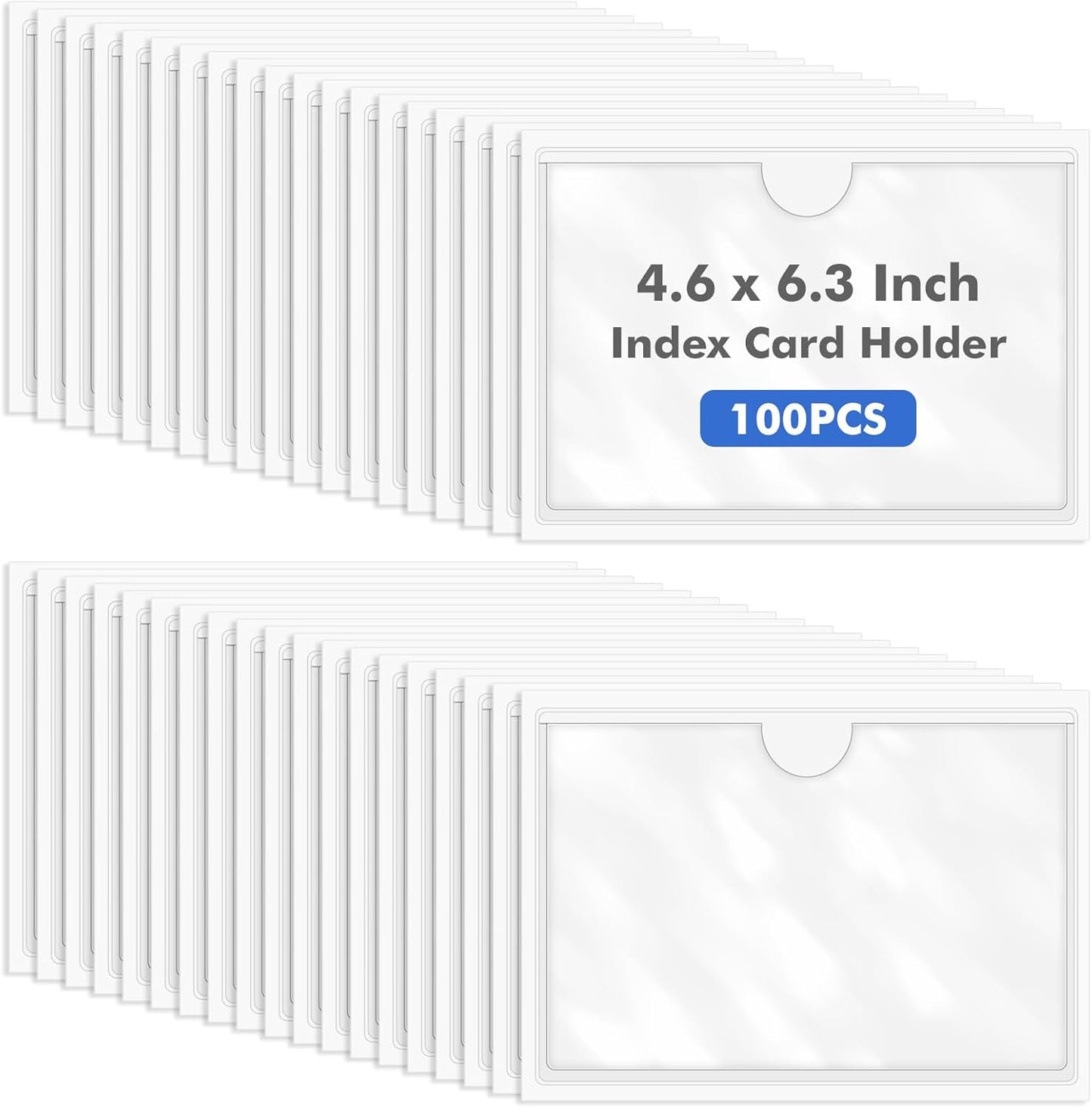 Circloophs 100 Packs Self Adhesive Index Card Pockets for 4”x 6” Card, Adhesive Label Holders with Top Open – 4.6”x 6.3” Clear Adhesive Label Pockets for Storage Bins, Locker, Shelves, Library, Office