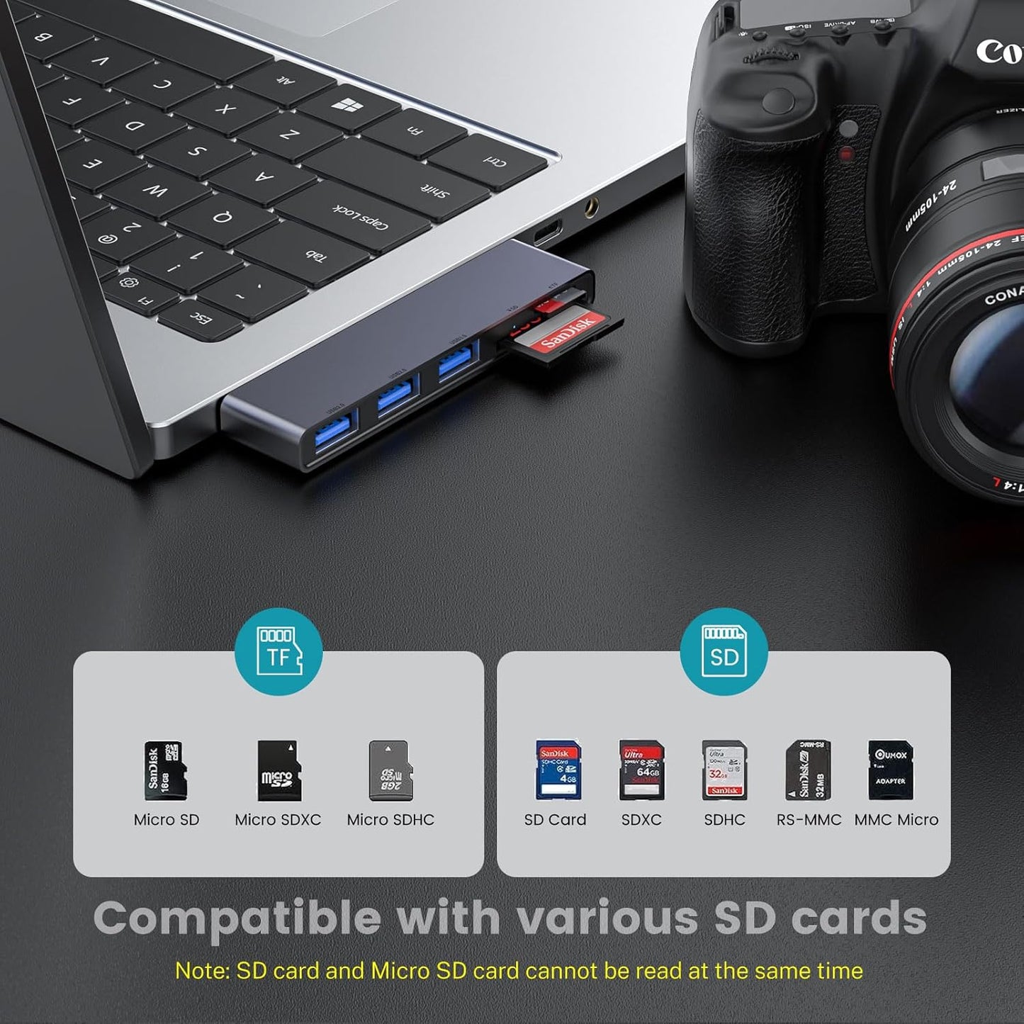 Fidioto USB A Hub, Left Model 5-in-1 Network-Hubs with 1 USB3.0 &2 USB2.0 & Micro SD/TF Card Reader, Compatible for Laptop MacBook, Chromebook, Dell, HP, Samsung, Keyboard, Mouse Etc.