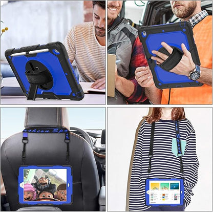 SEYMAC stock Case for iPad 9th/ 8th/ 7th Generation 10.2'', Shockproof with Screen Protector, Pencil Holder [360° Rotating Hand Strap] & Stand, for iPad 10.2 inch 2021-2019 (Blue+Black)