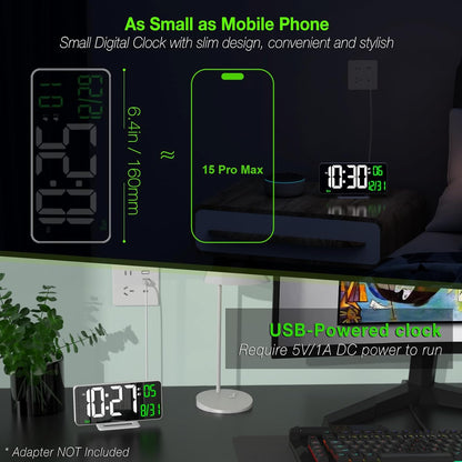 KOSUMOSU Alarm Clock for Bedroom, 6.7" Led Desk Digital Clock,Mirror Clock,Dual Alarm Clock for Living Room with Seconds,Date,Week,12/24h,Dimming,Temp