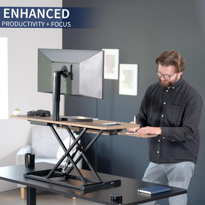 VIVO 42 inch Desk Converter, K Series, Height Adjustable Sit to Stand Riser, Dual Monitor and Laptop Workstation with Wide Keyboard Tray, Reclaimed Wood Top, Black Frame, DESK-V042KP