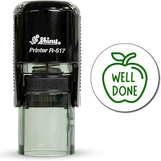 Shiny Well Done Teacher Stamp, Round Self Inking Stamp for Classroom, Green Ink