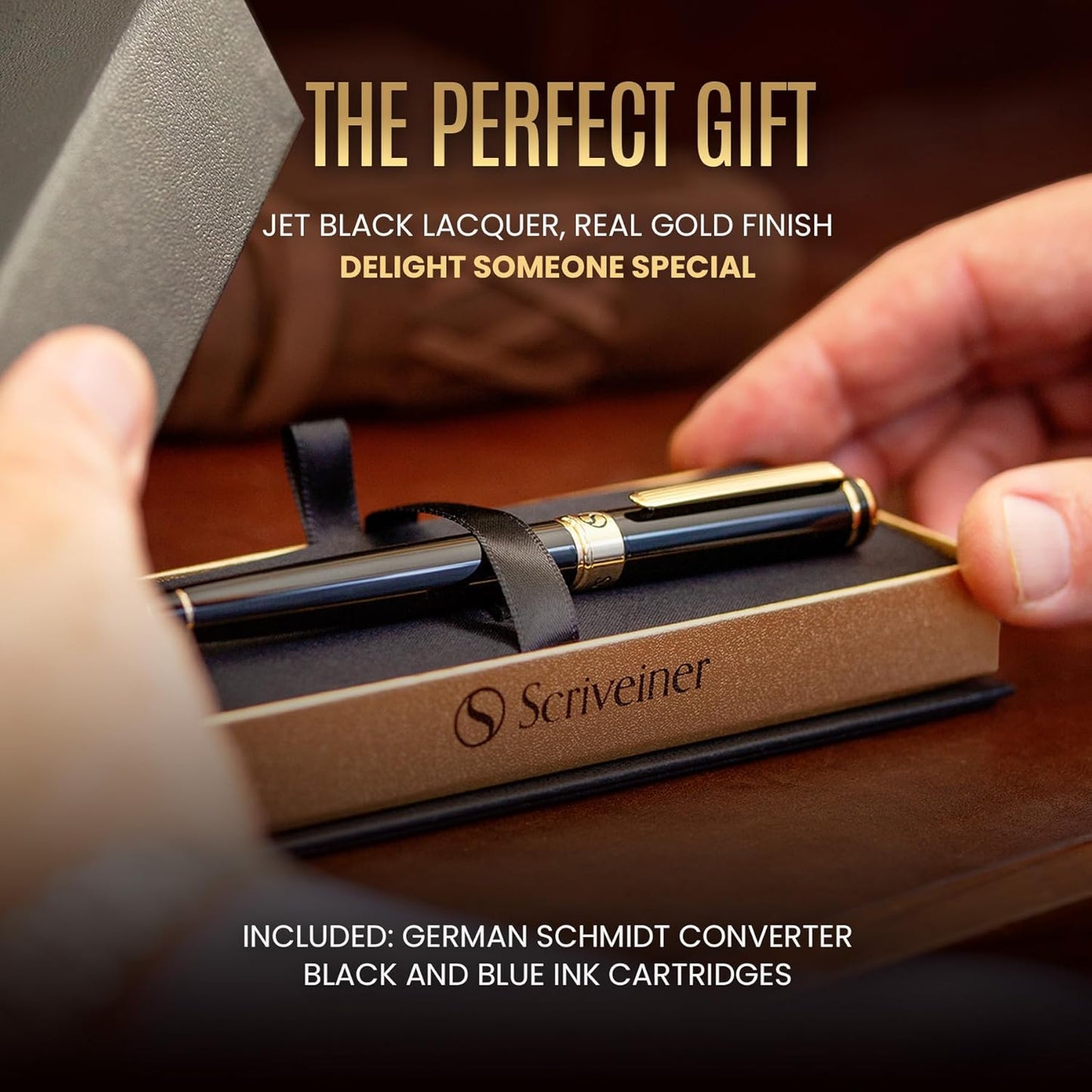 Scriveiner Black Lacquer Fountain Pen - Stunning Luxury Pen, Real Gold Plating, Schmidt Gilded Nib (Fine), Best Pen Gift Set for Men & Women, Professional, Executive, Office, Nice Pens
