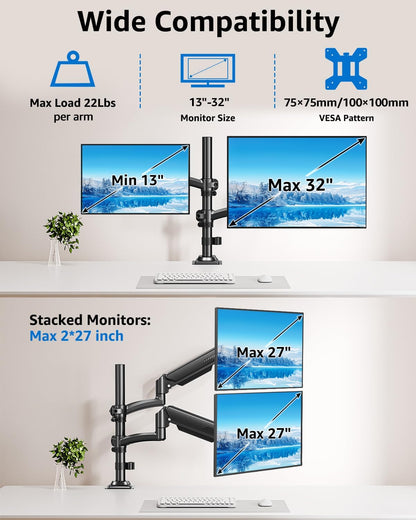 Dual Monitor Stand Holds 4.4-22 lbs Each, Dual Monitor Mount Height up to 26.6 inch, Gas Spring Monitors Arm for Max 32 inch Computer, VESA Mount with C-clamp & Grommet Mounting, Freelift Black