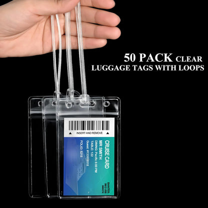 100 Pack Clear Plastic Luggage Bag Tag Holder Badge Label Tag Holder with 100 Pack Luggage Loops Straps for Office Business Travel Supplies