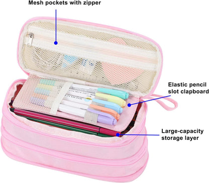 Big Pencil Case Zipper Pencil Pouch Organizer Large Capacity Pen Bag with Handle Portable for Girls Kids Adults Gift Pen Case for School Home Office Light-pink