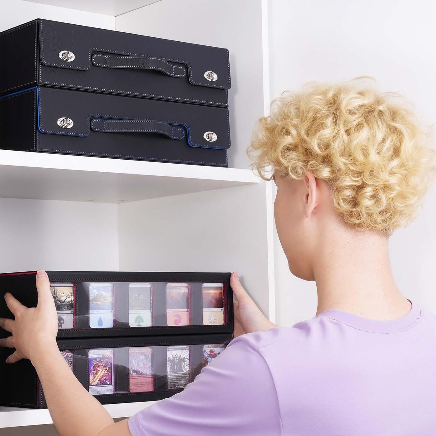 Trading Card Storage Box with Commander Display, 5 Row Magic Card Box with Handle & Aluminum Alloy Locking for 3900+ Unsleeved Cards Suits for MTG PTCG TCG Sports Cards (Black Red)