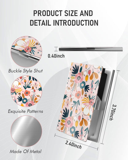 Business Card Metal Slim Organizer, Professional Stainless Steel Square Pocket Wallet for Office Workers, Compact and Portable for Pockets (Pink Flowers)