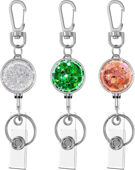 bolimoss Retractable Keychain for Badge Holder Metal Badge Reel with Carabiner Clip Key Ring, Glittery Retractable Badge Holders for Nurse,Volunteer,Teacher,Student (3 Pack Bling Pink, Silver, Green)