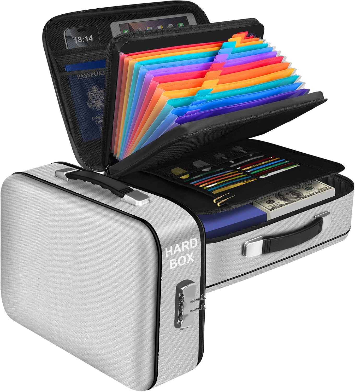 Fireproof Document Box, Hard Shell Fireproof Box, Document Organizer with Lock, Fireproof Water Resistant box, Portable Documents Safe Box for Important Document Certificates, Laptop, Passports,Silver