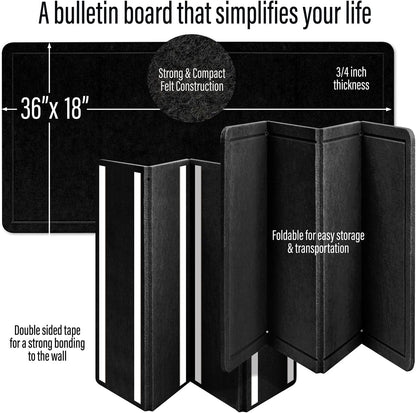 Large Bulletin Board 36 x 18 Inches - Foldable Felt Bulletin Board for Wall, Cork Board Alternative with 50 Color Pins & 6 Note Pads, Vision Board - Black
