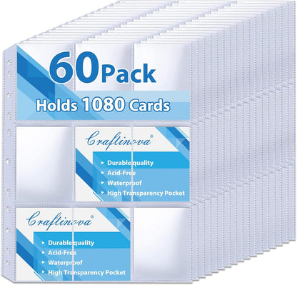 60 Pack 9 Pocket Card Sleeves Binder Sheets，Holds 1080 Cards, Clear Trading Card Sleeve Pages Protector for 3 Ring Binder, Fit for Baseball,Football,Game,Business Cards