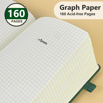 Graph Paper Notebook, 160 Pages Grid Journal for women & men, A5 Hardcover Leather Graphing Notebook for School, Work, Travel, Note Taking 5.9”x8.5” (Green)