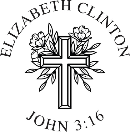 Personalized Bible Verse and Religious Cross Stamp or Book Embosser with Name in Classic Font. Wooden Stamp, Self Inking Stamp or Embosser (Cross Style #1)
