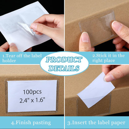 Jeyiour 100 Pcs Label Holders Adhesive Nameplate Pockets Storage Bin Labels Index Card Holder Shelf Plastic Peel Stick for Classroom Supermarket Bookshelf Library Student Box Drawer (2.4 x 1.6 Inch)