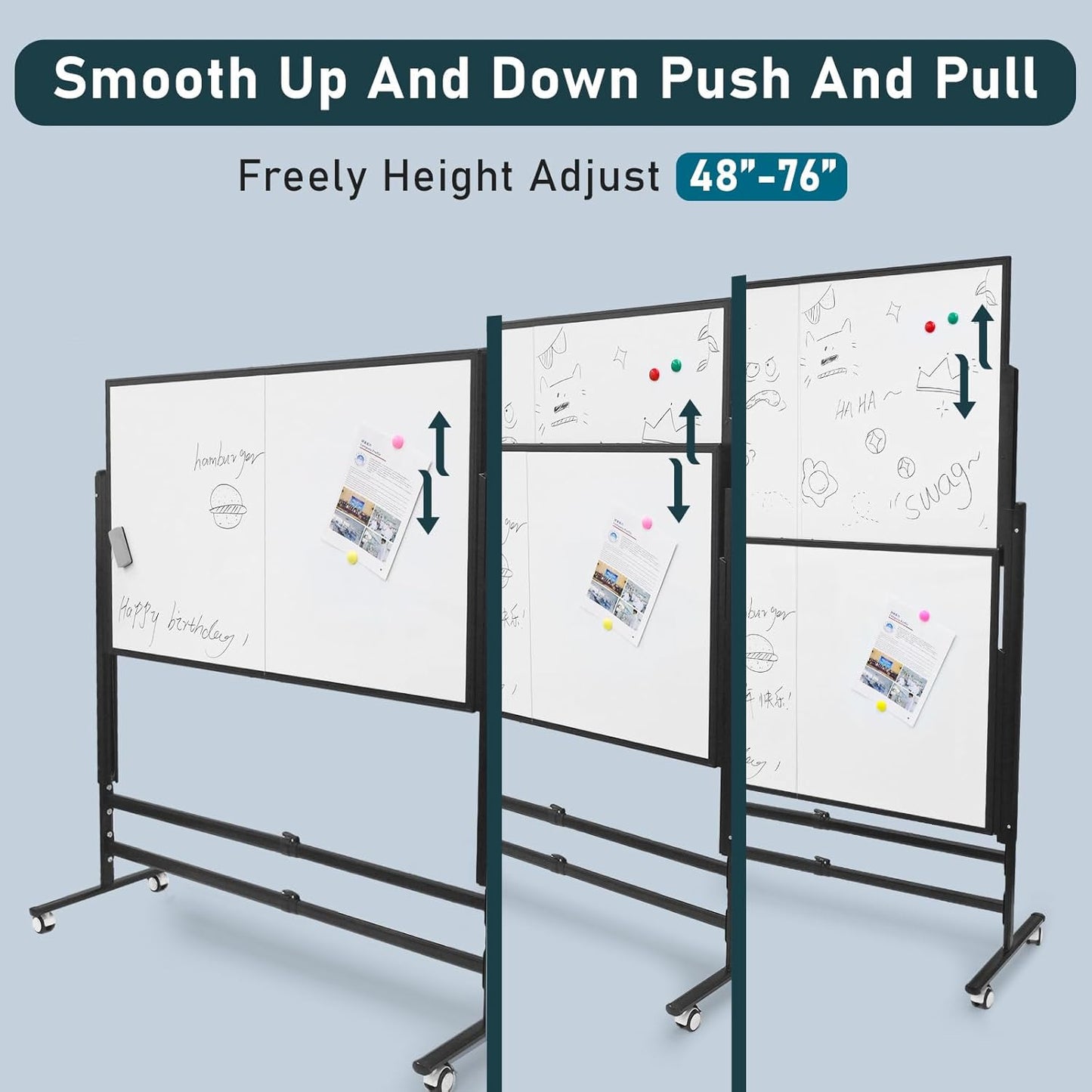 60x48 Inch Large Rolling Dry Erase Whiteboard | Height Adjustable Standing Easel with Wheels | Magnetic Double-Sided Board for Office, Home & Classroom | Teaching Supplies
