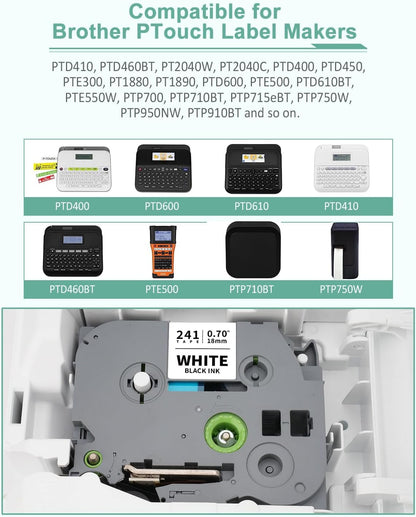 6-Pack 18mm 0.7" Laminated Tape Compatible for Brother P-Touch Label Tape 18mm 0.7 Inch Laminated Colored Tze Tz 3/4" Label for PTD400 PTD610BT PTD410 PTD600, White/Red/Yellow/Blue/Green/Pink