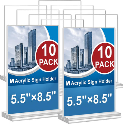 Acrylic Sign Holder 5.5 x 8.5, 10 Pack Double-Sided Stand up Table Top Clear Sign Holders, T Shape Plastic Acrylic Picture Frame Menu Flyer Paper Holder Display Stands for Office Store Wedding Party