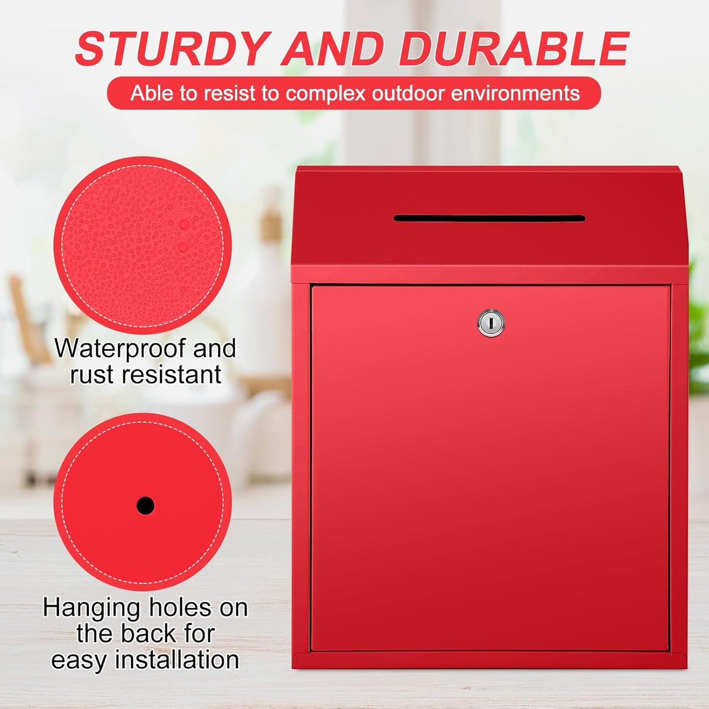 Metal Donation Cash Box Collection Safe Suggestion Box with Lock Wall Mounted Mailbox Delivery Ballot Container for Home Office Outdoor Door(Red,15 x 12 x 4 Inch)