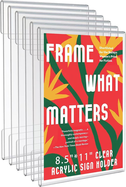 8.5x11 Clear Acrylic Plexi Sign Holders with Double Sided Adhesive Tape, Wall Sign Memo Document Menu Holder for Office, Home, Store, Restaurant-No Drilling (6 Pack)