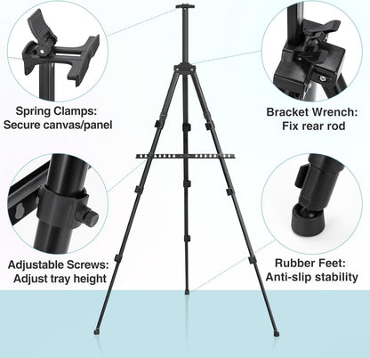 1PCS Art Painting Easel Stand, Adjustable Metal Large Easel for Painting, Canvas Heights from 17 to 66 Inch, Standing Easel for Painting, Wedding Sign, Tabletop or Floor, Black