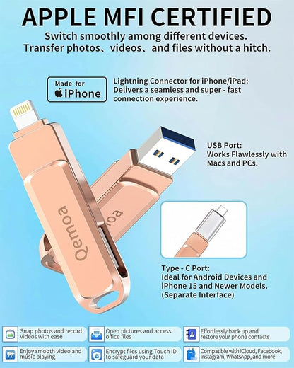MFi Certified 256GB Flash Drive Photo Stick for iPhone, External Memory Photo Keeper Storage for Data Saver/Backup/Transfer Files/Picture/Video/iPhone/iPad/iOS/Android/PC (Pink)Available Space: ~244GB